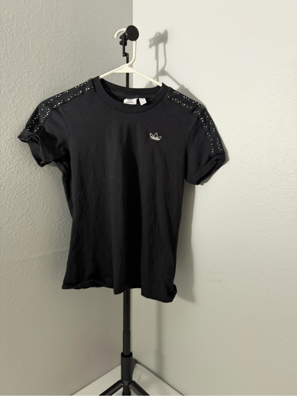 adidas Black Short Sleeve Tee with Rhinestone Shoulder Detail